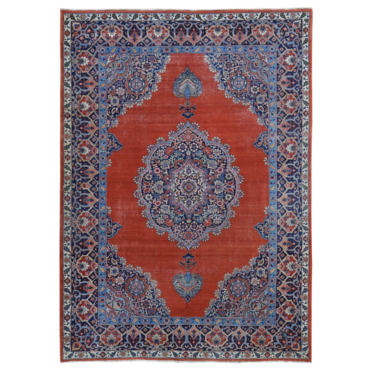 Antique Wool Hand Knotted Rug Orange Navy Blue 8.8X12.0 -O080711
