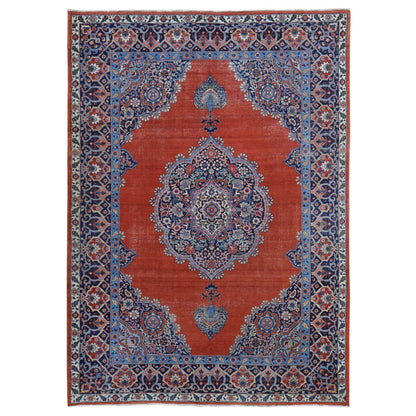 Antique Wool Hand Knotted Rug Orange Navy Blue 8.8X12.0 -O080711