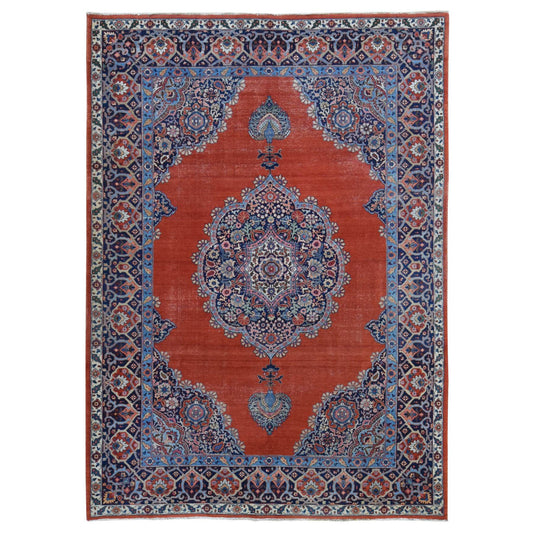 Antique Wool Hand Knotted Rug Orange Navy Blue 8.8X12.0 -O080711