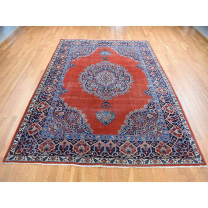 Antique Wool Hand Knotted Rug Orange Navy Blue 8.8X12.0 -O080711