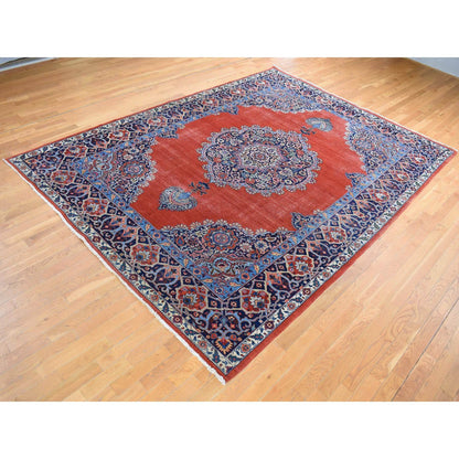 Antique Wool Hand Knotted Rug Orange Navy Blue 8.8X12.0 -O080711