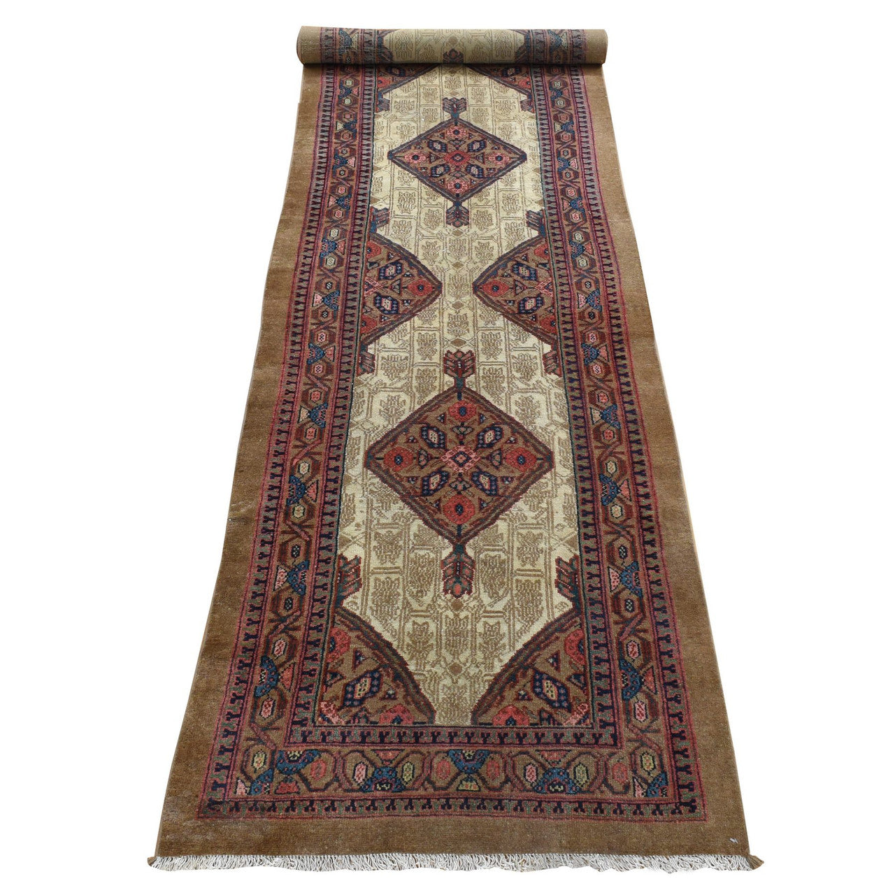 Antique Wool Hand Knotted Rug Brown Brown 3.2X14.10 -O080729