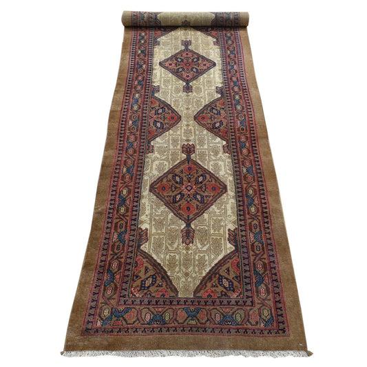 Antique Wool Hand Knotted Rug Brown Brown 3.2X14.10 -O080729