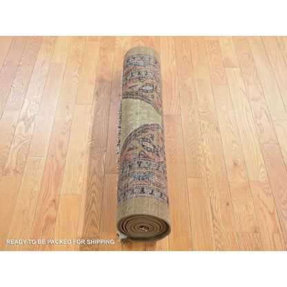 Antique Wool Hand Knotted Rug Brown Brown 3.2X14.10 -O080729