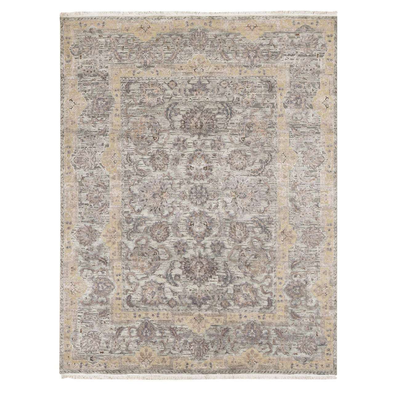 Oushak And Peshawar Wool & Pure Silk Hand Knotted Rug Green Sea Form 7.10X10.0 -O080739