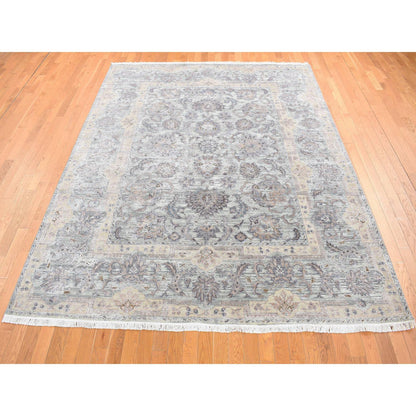 Oushak And Peshawar Wool & Pure Silk Hand Knotted Rug Green Sea Form 7.10X10.0 -O080739