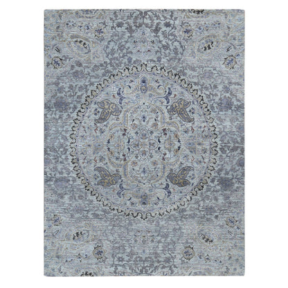 Transitional Wool & Pure Silk Hand Knotted Rug Grey No Border 7.9X10.1 -O080742