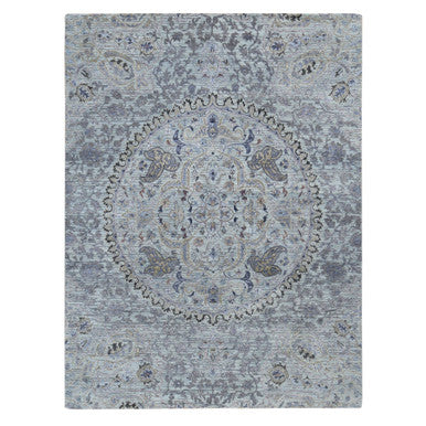 Transitional Wool & Pure Silk Hand Knotted Rug Grey No Border 7.9X10.1 -O080742