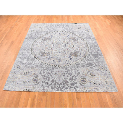 Transitional Wool & Pure Silk Hand Knotted Rug Grey No Border 7.9X10.1 -O080742