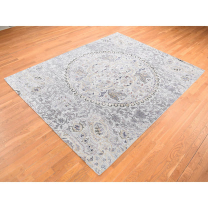 Transitional Wool & Pure Silk Hand Knotted Rug Grey No Border 7.9X10.1 -O080742
