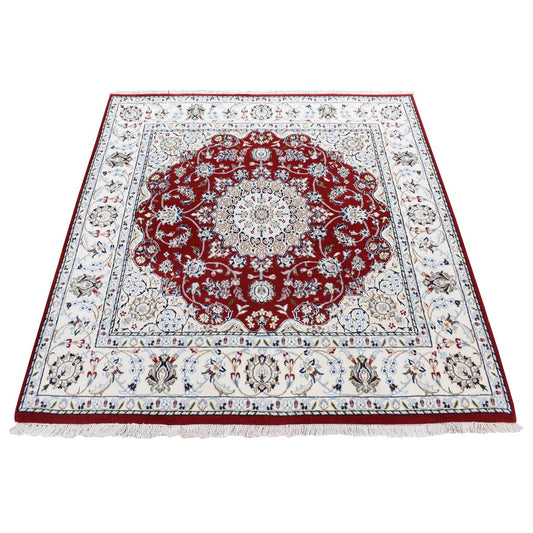 Fine Oriental Wool Hand Knotted Rug Red Ivory 5.0X5.1 -O080767