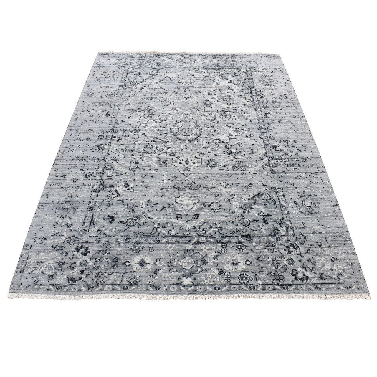 Gray 5'1" x 7'0" Transitional Hand knotted Wool/Silk Rug - Sku: O080772