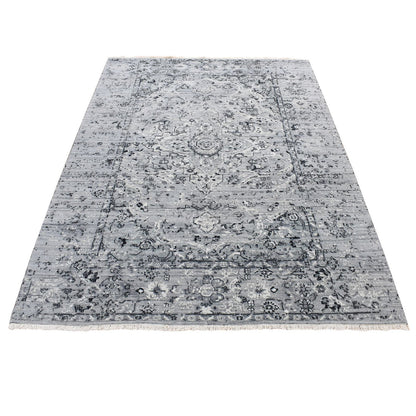Transitional Wool & Silk Hand Knotted Rug Grey No Border 5.1X7.0 -O080772