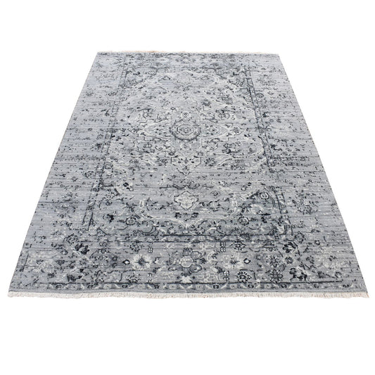 Transitional Wool & Silk Hand Knotted Rug Grey No Border 5.1X7.0 -O080772