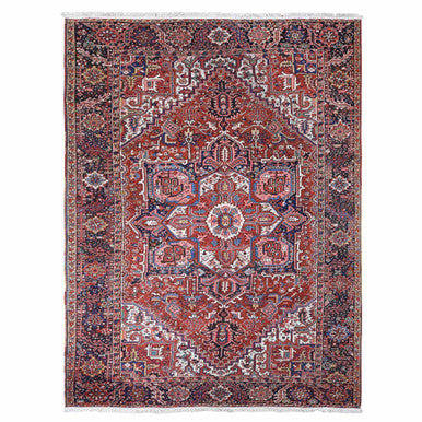 Antique Wool Hand Knotted Rug Red Umber Brown 8.10X11.8 -O080776