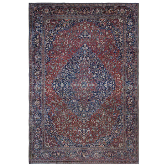 Antique Wool Hand Knotted Rug Red Visa Blue 11.2X16.8 -O080779