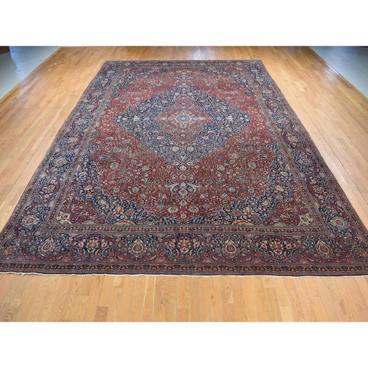 Antique Wool Hand Knotted Rug Red Visa Blue 11.2X16.8 -O080779