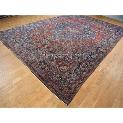 Antique Wool Hand Knotted Rug Red Visa Blue 11.2X16.8 -O080779
