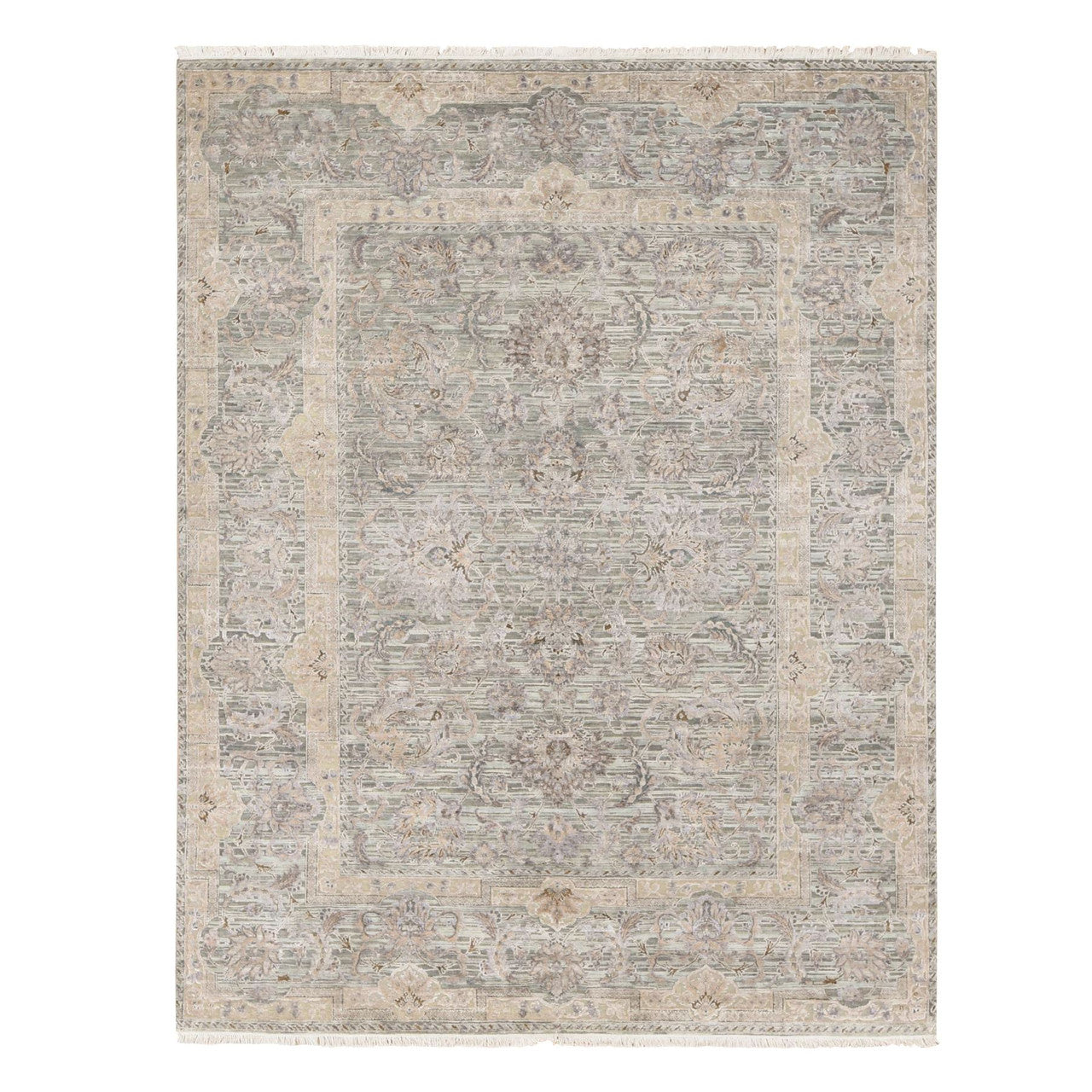 Oushak And Peshawar Silk Hand Knotted Rug Green Sea Form 7.10X10.2 -O080788
