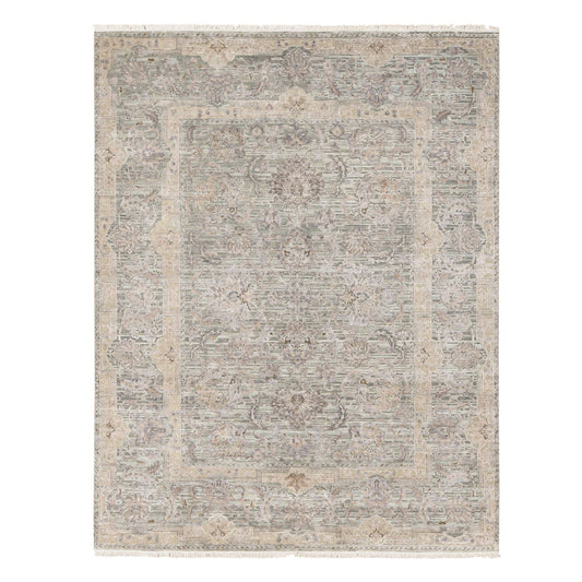 Oushak And Peshawar Silk Hand Knotted Rug Green Sea Form 7.10X10.2 -O080788