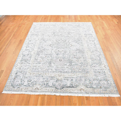 Oushak And Peshawar Silk Hand Knotted Rug Green Sea Form 7.10X10.2 -O080788