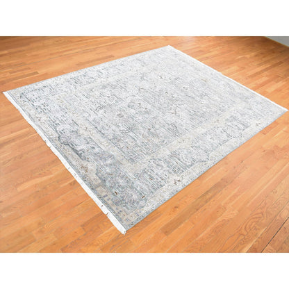 Oushak And Peshawar Silk Hand Knotted Rug Green Sea Form 7.10X10.2 -O080788