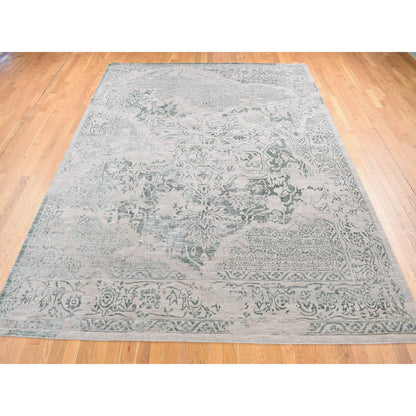 Transitional Wool & Silk Hand Knotted Rug Green Tan Color 8.10X12.0 -O080798