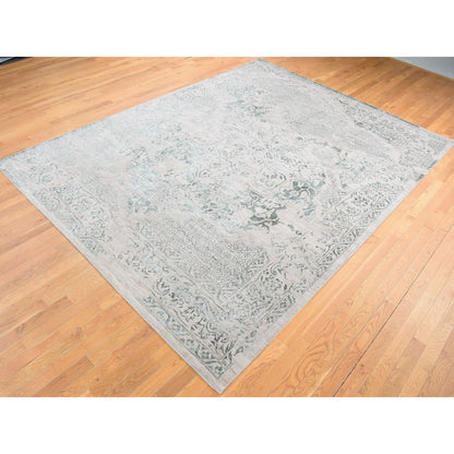 Transitional Wool & Silk Hand Knotted Rug Green Tan Color 8.10X12.0 -O080798