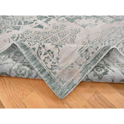 Transitional Wool & Silk Hand Knotted Rug Green Tan Color 8.10X12.0 -O080798