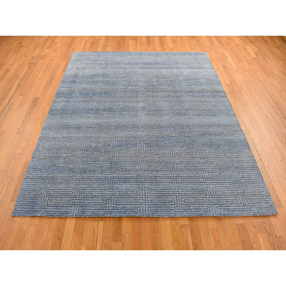 Modern and Contemporary Wool & Silk Hand Knotted Rug Blue No Border 8.0X10.0 -O080827