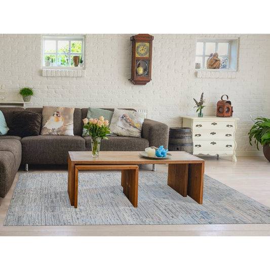 Modern and Contemporary Wool & Pure Silk Hand Knotted Rug Ivory No Border 8.0X10.6 -O080830