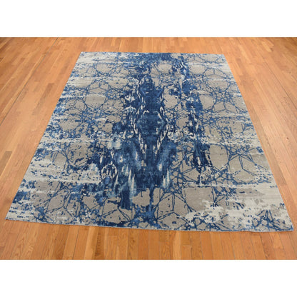 Modern and Contemporary Wool & Silk Hand Knotted Rug Blue No Border 8.1X10.0 -O080833