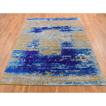 Modern and Contemporary Wool & Silk Hand Knotted Rug Yellow No Border 7.10X10.0 -O080848