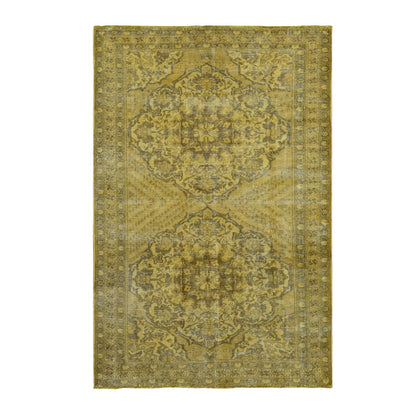Overdyed & Vintage Worn Wool Hand Knotted Rug Yellow Yellow 6.5X9.10 -O080855