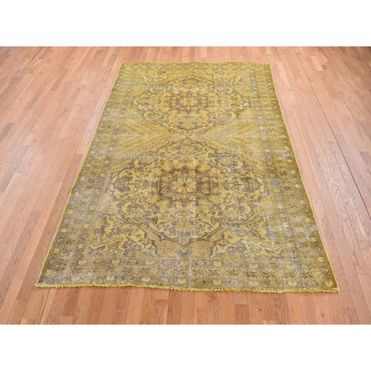 Overdyed & Vintage Worn Wool Hand Knotted Rug Yellow Yellow 6.5X9.10 -O080855