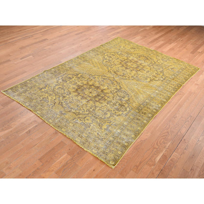 Overdyed & Vintage Worn Wool Hand Knotted Rug Yellow Yellow 6.5X9.10 -O080855