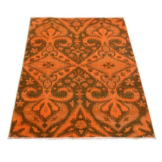 Overdyed & Vintage Wool Hand Knotted Rug Orange No Border 4.1X6.1 -O080863