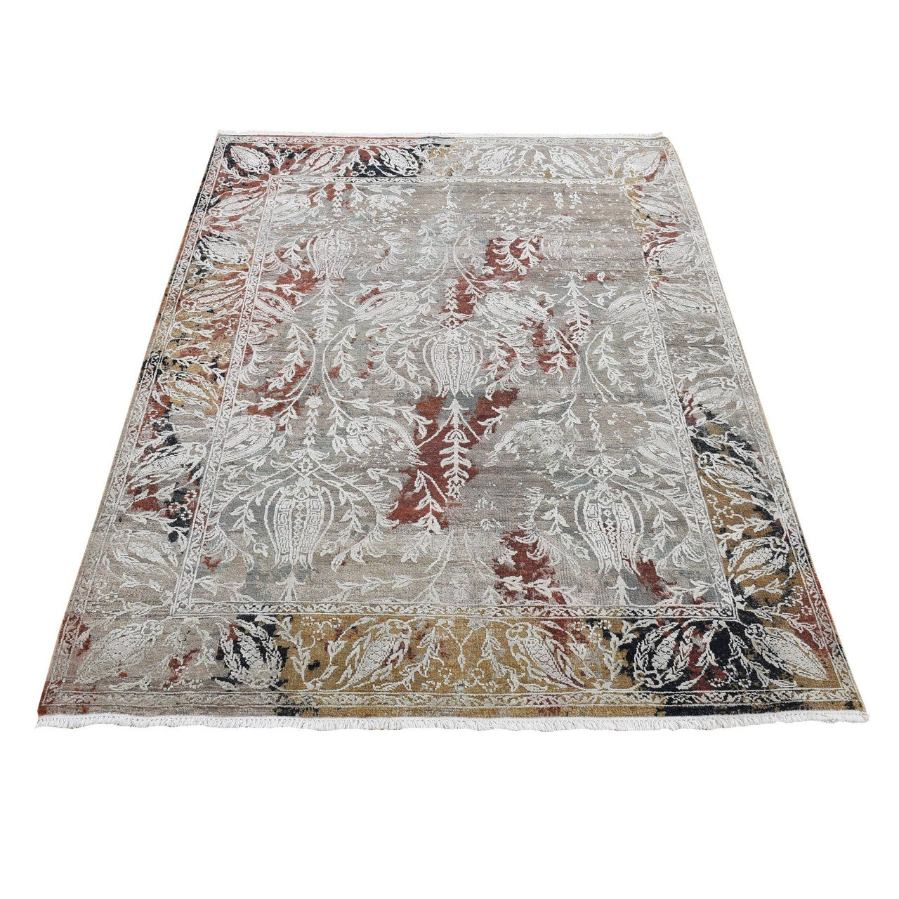 Gray 5'2" x 7'1" Transitional Hand knotted Wool/Silk Rug - Sku: O080885