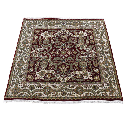 Fine Oriental New Zealand Wool Hand Knotted Rug Red Ivory 5.0X5.0 -O080887