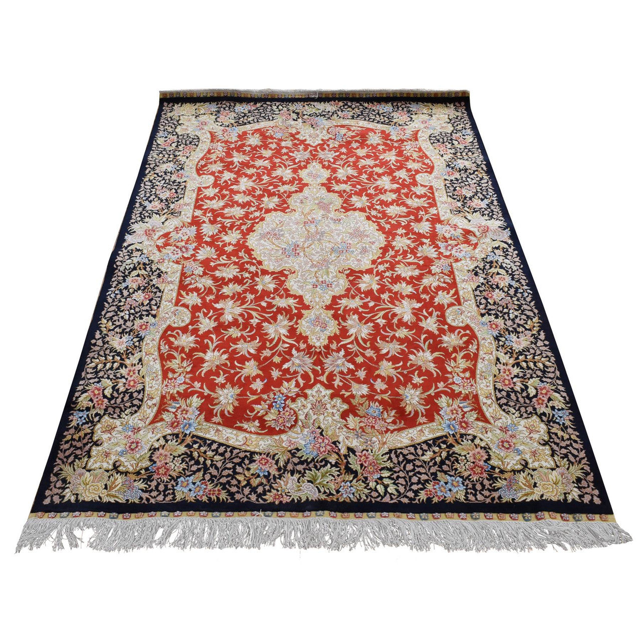 Fine Oriental Silk Hand Knotted Rug Red Blue 4.1X6.4 -O080893