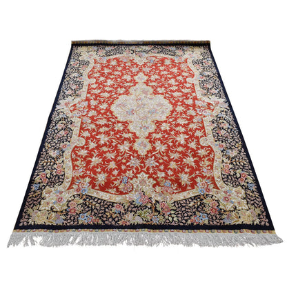 Fine Oriental Silk Hand Knotted Rug Red Blue 4.1X6.4 -O080893