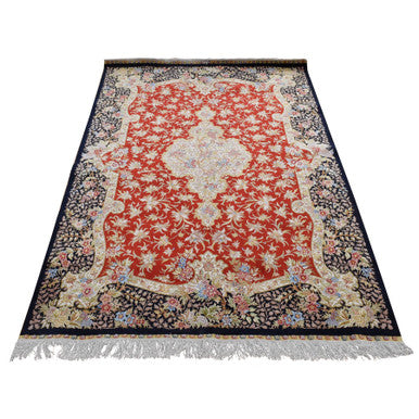 Fine Oriental Silk Hand Knotted Rug Red Blue 4.1X6.4 -O080893