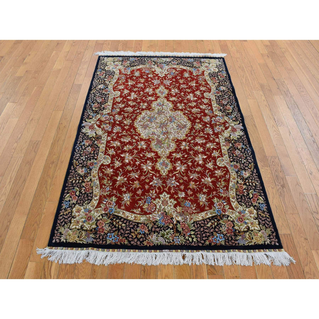 Fine Oriental Silk Hand Knotted Rug Red Blue 4.1X6.4 -O080893