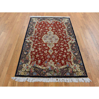 Fine Oriental Silk Hand Knotted Rug Red Blue 4.1X6.4 -O080893