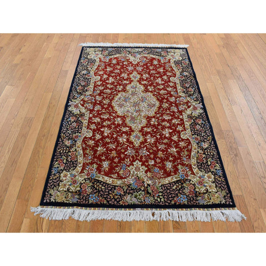 Fine Oriental Silk Hand Knotted Rug Red Blue 4.1X6.4 -O080893