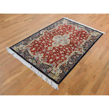 Fine Oriental Silk Hand Knotted Rug Red Blue 4.1X6.4 -O080893