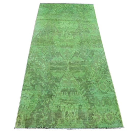 Overdyed & Vintage Wool Hand Knotted Rug Green No Border 4.2X10.5 -O080909