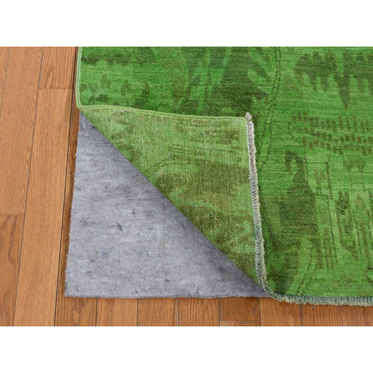 Overdyed & Vintage Wool Hand Knotted Rug Green No Border 4.2X10.5 -O080909