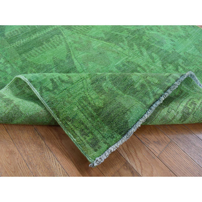 Overdyed & Vintage Wool Hand Knotted Rug Green No Border 4.2X10.5 -O080909