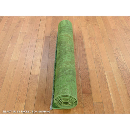 Overdyed & Vintage Wool Hand Knotted Rug Green No Border 4.2X10.5 -O080909